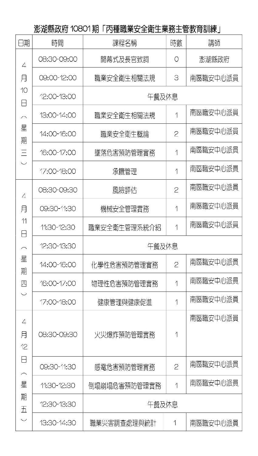 澎湖縣政府辦理10801期 丙種職業安全衛生業務主管 教育訓練 課程 講座 專業講座 訓練 Beclass 線上報名系統online Registration Form For 移動裝置 活動日期 2019 04 10