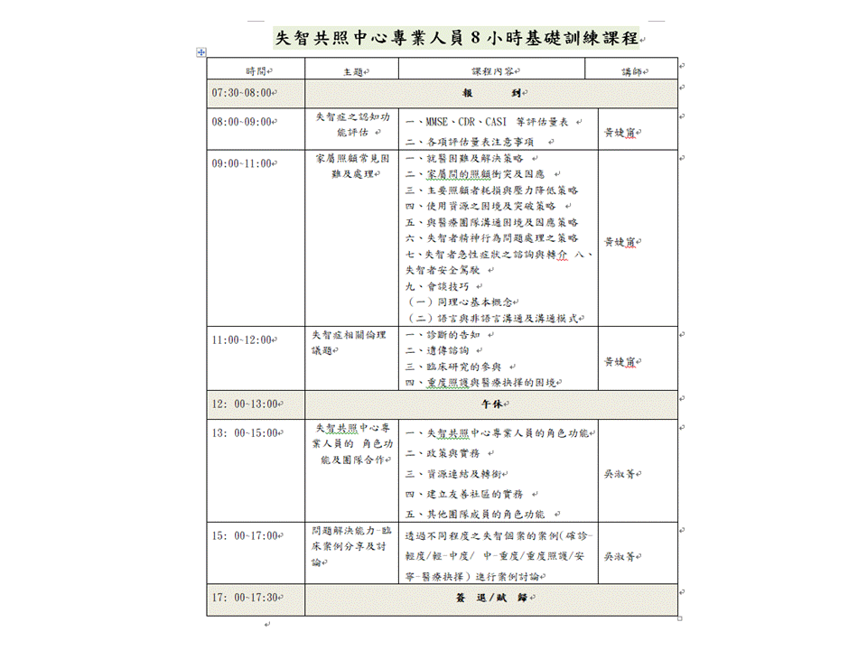 115 年度聖保祿醫院 失智症醫事專業8小時訓練課程(個案管理師/衛教師)