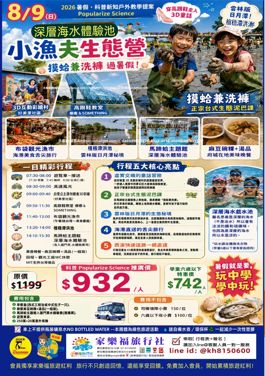 8/09(日)💧【椬梧濕地小漁夫生態營】穿高跟鞋走入3D童話，雲林版日月潭摸蛤洗褲過暑假一日原價$1199 推廣價$932 學童六歲以下$742✅可選位