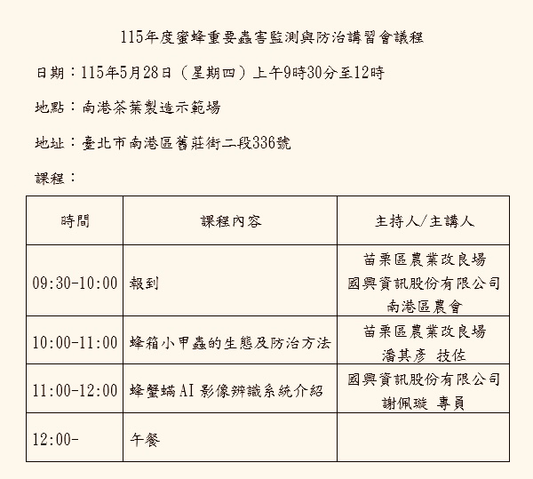 115年度蜜蜂重要蟲害監測與防治講習會