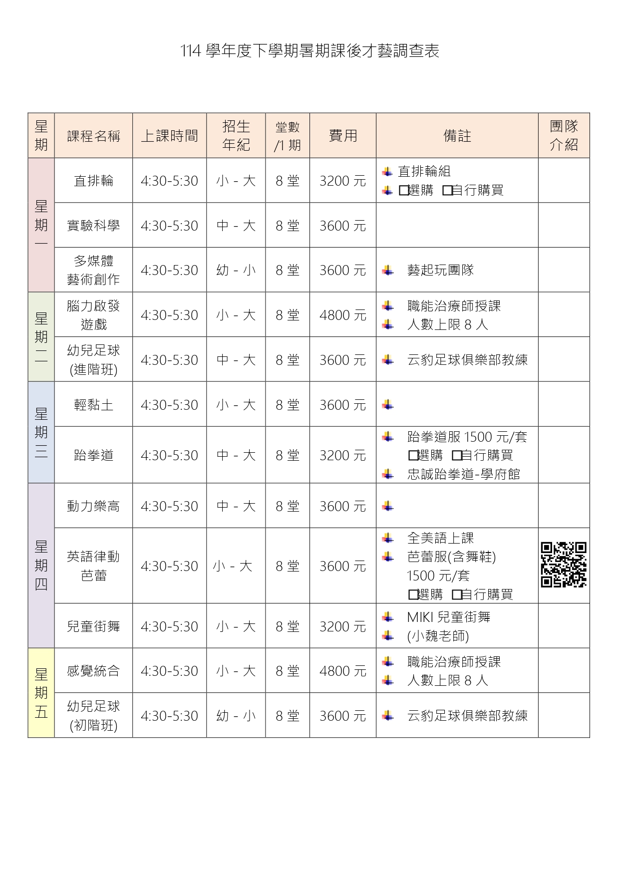 星安國際蒙特梭利藝術幼兒園114學年度暑期課後才藝調查(幼幼班-小班)