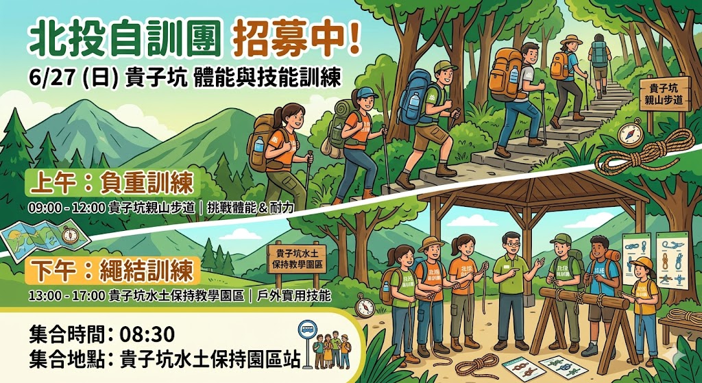 📣 【北投自訓團】6/27 貴子坑體能與技能雙棲訓練，熱烈招募中！ 🌲