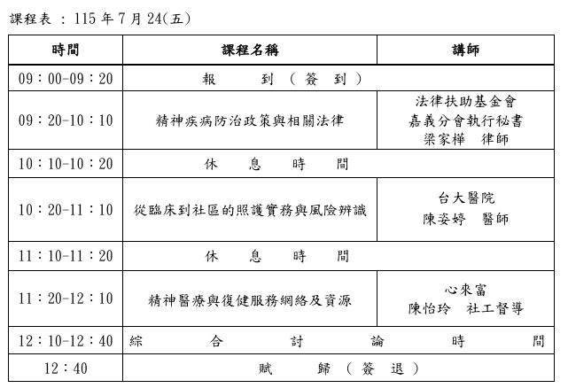 115年度疑似或社區精神病人照護優化計畫教育訓練第三場