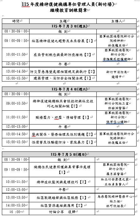 115年度精神復健機構專任管理人員(新竹場)繼續教育訓練