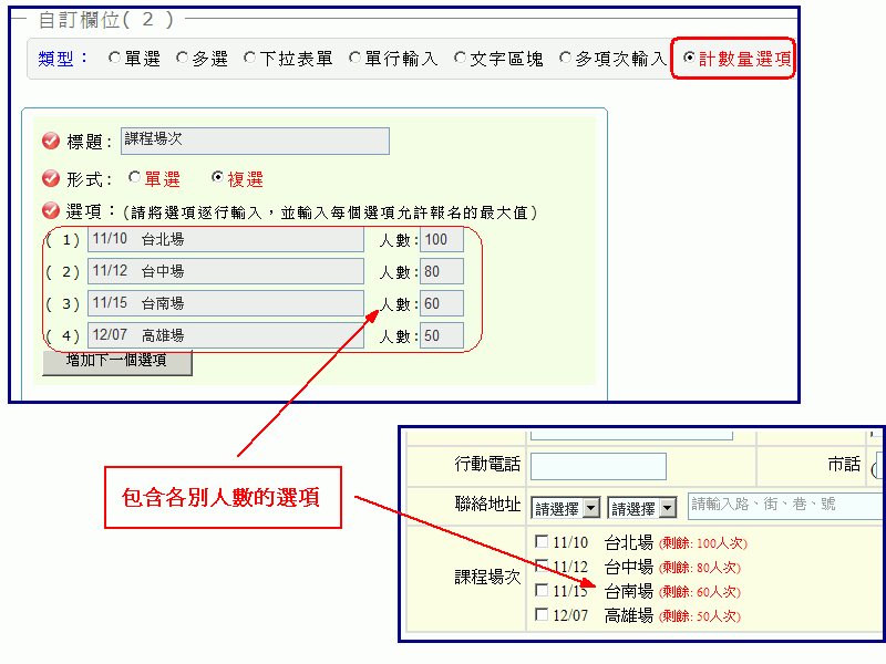 包含各別限制數量的場次